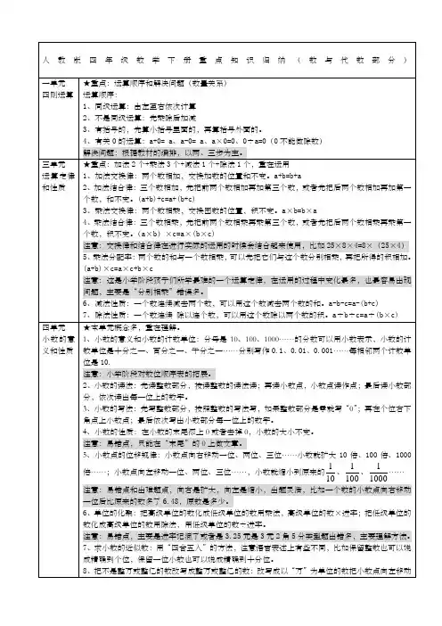 人教版四年级数学下册重点知识归纳