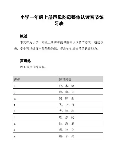 小学一年级上册声母韵母整体认读音节练习表