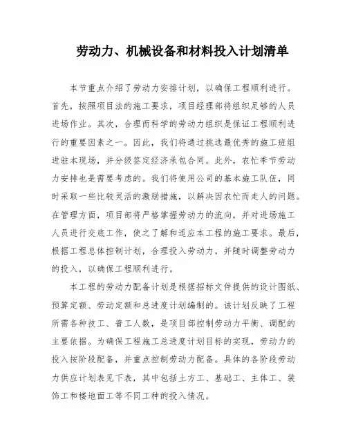 劳动力、机械设备和材料投入计划清单