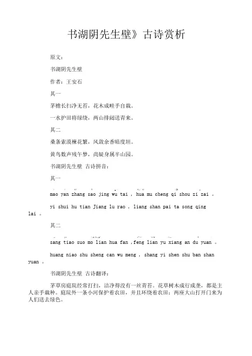 《书湖阴先生壁》古诗赏析