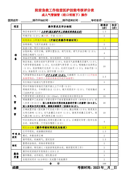 成人气管插管(经口明视下)操作考核评分表