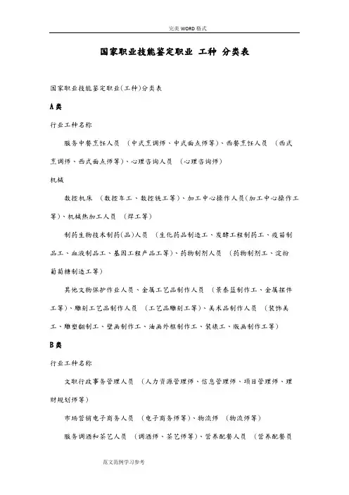 国家职业技能鉴定职业工种分类表
