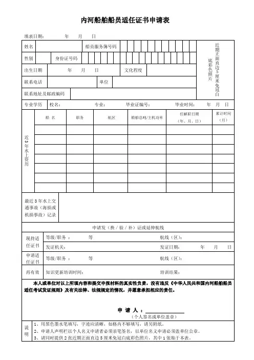 船员职务适任证书申请表