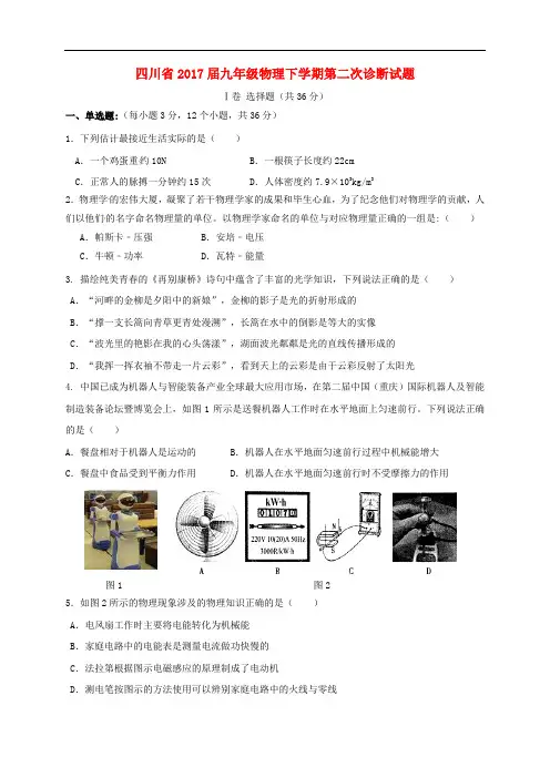 四川省九年级物理下学期第二次诊断试题