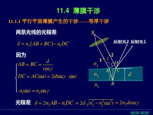 等厚干涉光线垂直入射反射光1反射光2入射光考虑半波损失光程差