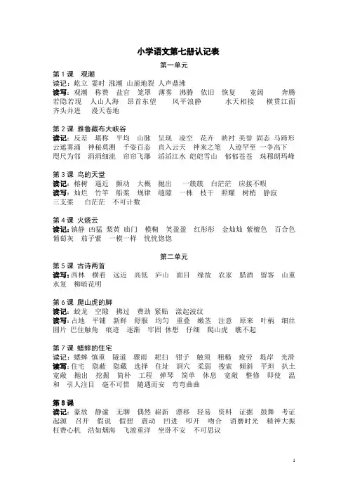 人教版小学语文第七册词语认记表