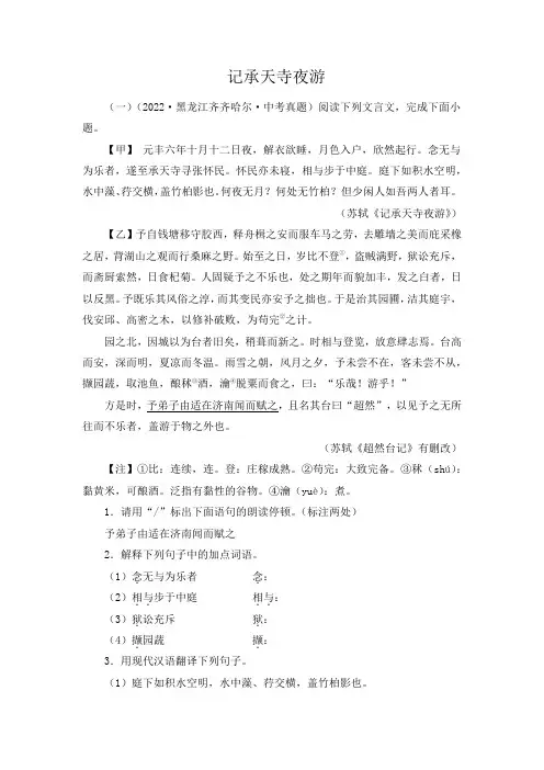 中考语文专题6记承天寺夜游对比阅读(解析版)