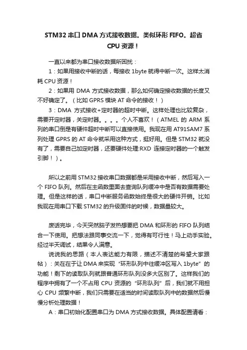 STM32串口DMA方式接收数据。类似环形FIFO。超省CPU资源！