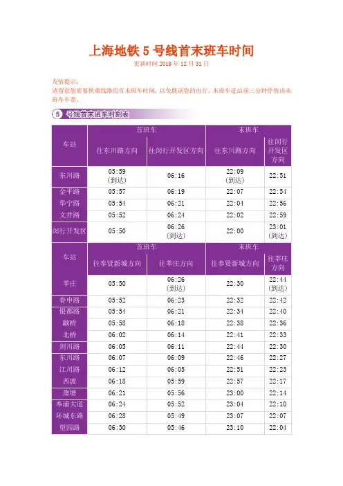 上海地铁5号线各站首末班车时间(更新时间2019年12月31日)