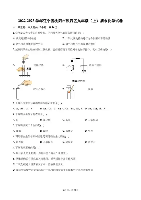 2022-2023学年辽宁省沈阳市铁西区九年级(上)期末化学试卷(含详细答案解析)