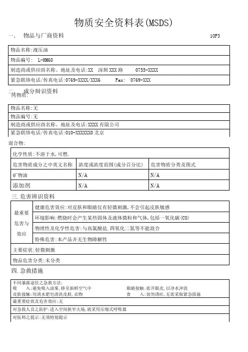 液压油L-HM68物质安全资料表(MSDS)
