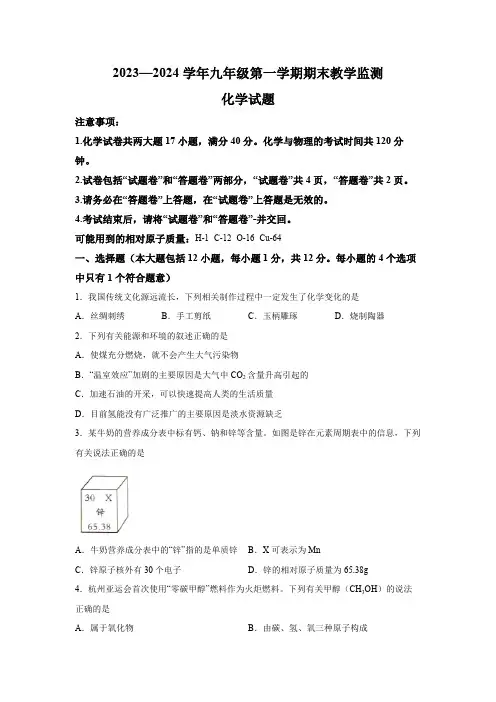安徽省亳州市2023-2024学年九年级上学期期末化学试题(含解析)