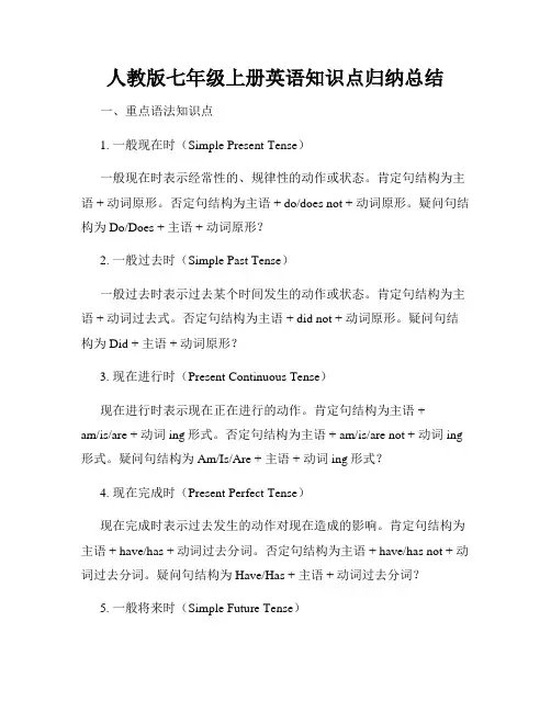 人教版七年级上册英语知识点归纳总结