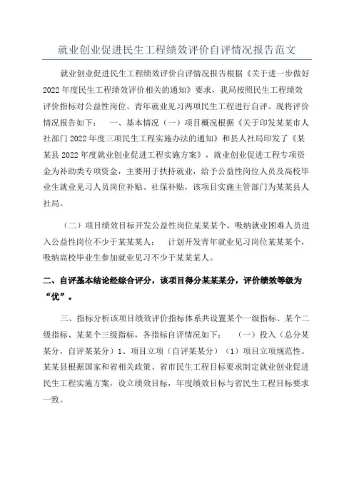 就业创业促进民生工程绩效评价自评情况报告范文
