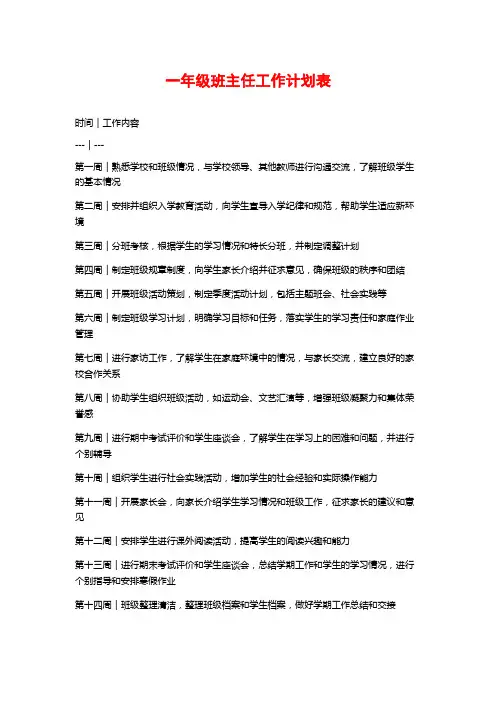 一年级班主任工作计划表