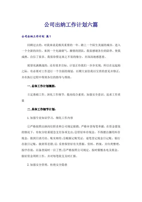 公司出纳工作计划六篇