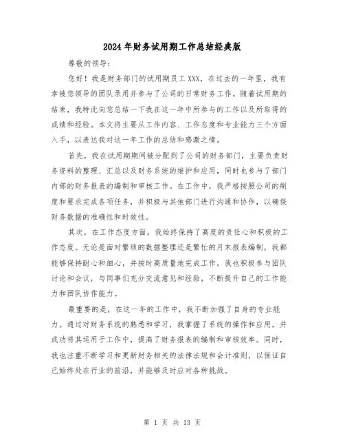 2024年财务试用期工作总结经典版(六篇)