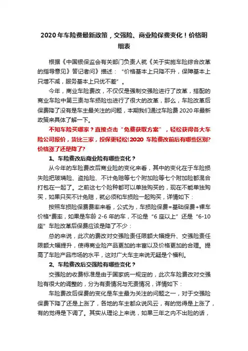 2020年车险费最新政策，交强险、商业险保费变化！价格明细表
