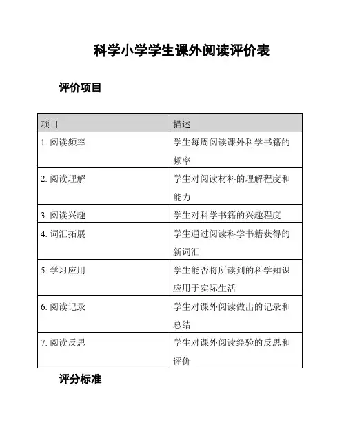 科学小学学生课外阅读评价表