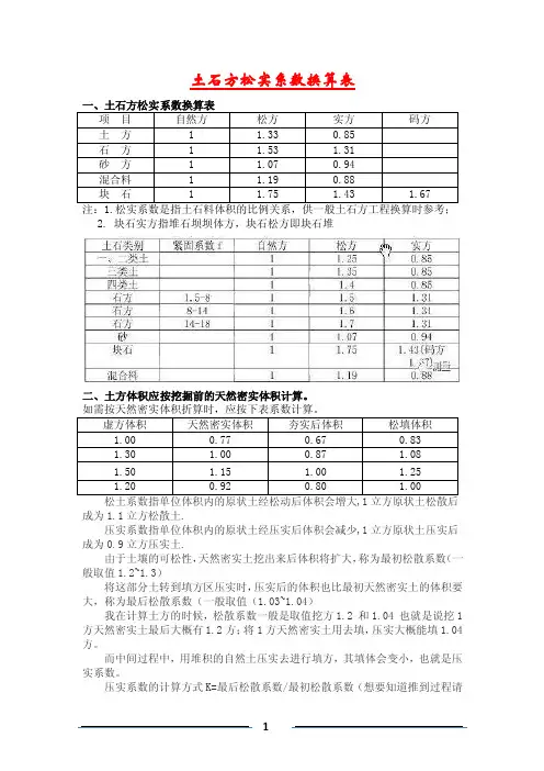 土石方松实系数换算表