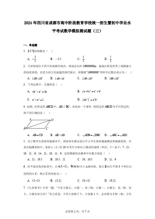 2024年四川省成都市高中阶段教育学校统一招生暨初中学业水平考试数学模拟测试题(三)