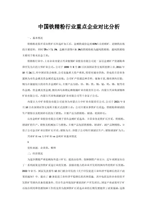 中国铁精粉行业重点企业对比分析