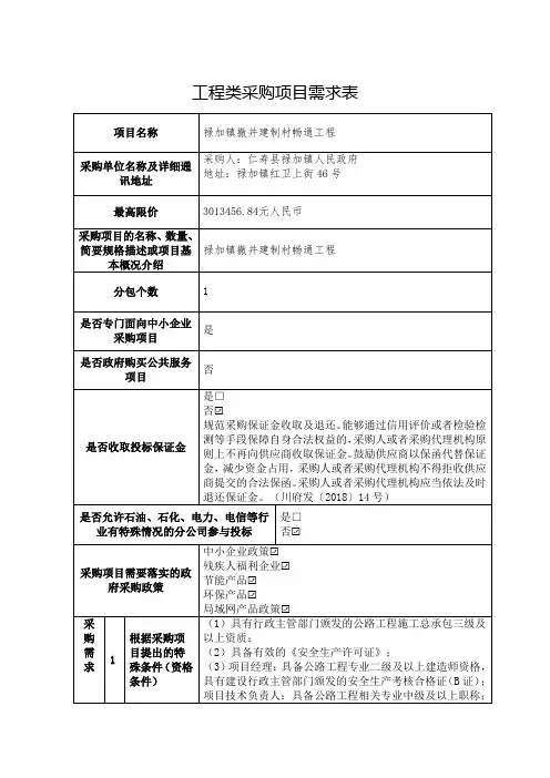 工程材料采购计划表_工程类采购项目需求表
