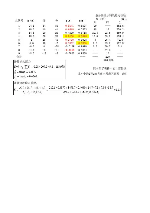 路基路面工程例3-7条分法浸水路堤稳定性验算表