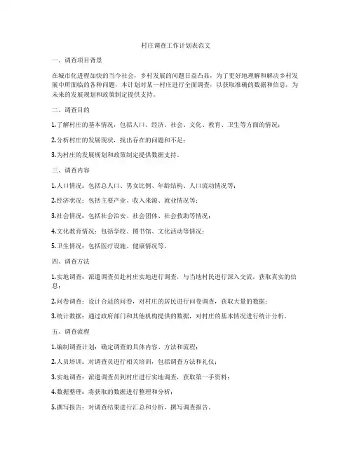 村庄调查工作计划表范文