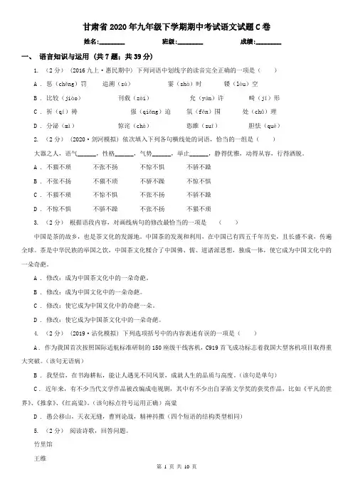 甘肃省2020年九年级下学期期中考试语文试题C卷