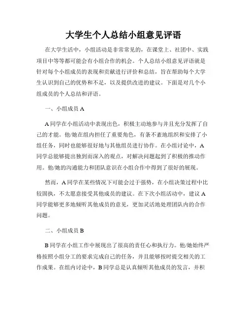 大学生个人总结小组意见评语