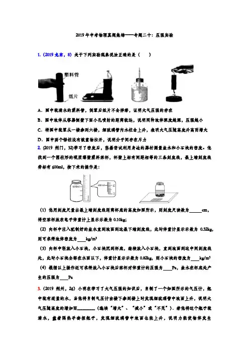 2019年中考物理真题集锦——专题二十：压强实验(word版含答案)