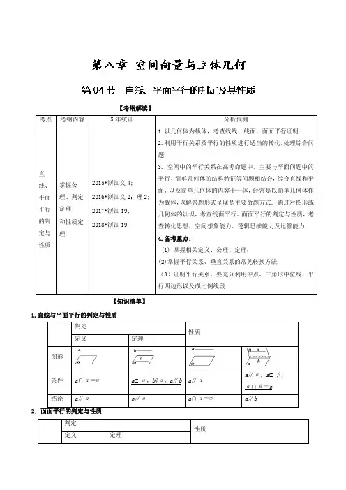 高考数学一轮复习(浙江版)专题8.4直线、平面平行的判定及其性质(讲)含解析