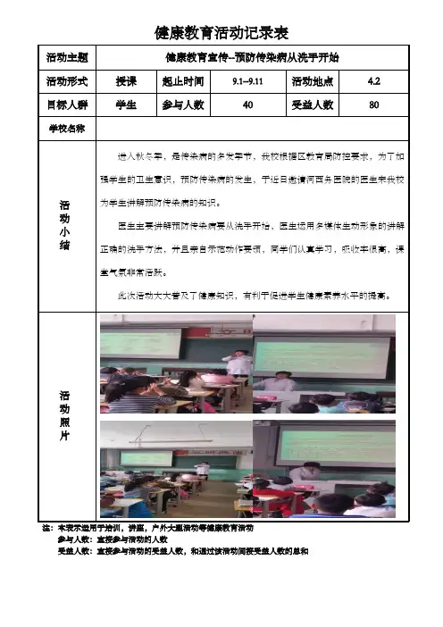 预防传染病 健康教育活动记录表