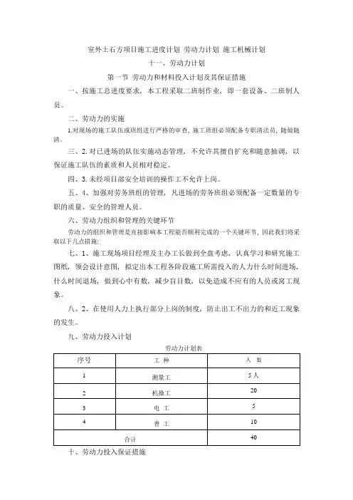 室外土石方项目施工进度计划 劳动力计划 施工机械计划