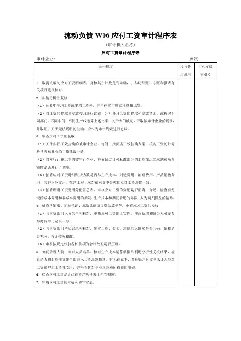 流动负债W06应付工资审计程序表