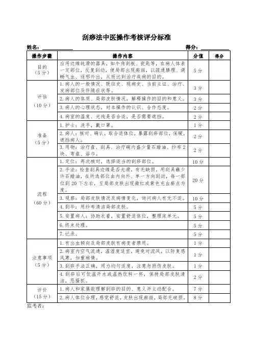 刮痧法中医操作考核评分标准