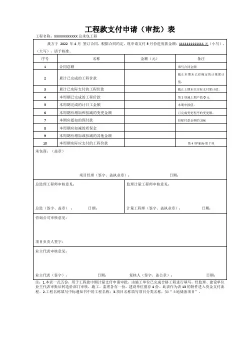 工程款支付申请(审批)表