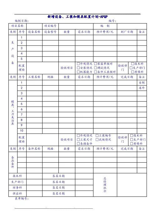 新增设备工装模具配置计划