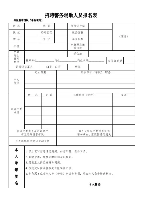 招聘警务辅助人员报名表
