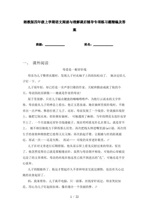 湘教版四年级上学期语文阅读与理解课后辅导专项练习题精编及答案