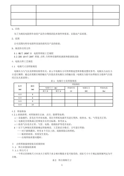 电阻焊工艺规范和质量控制