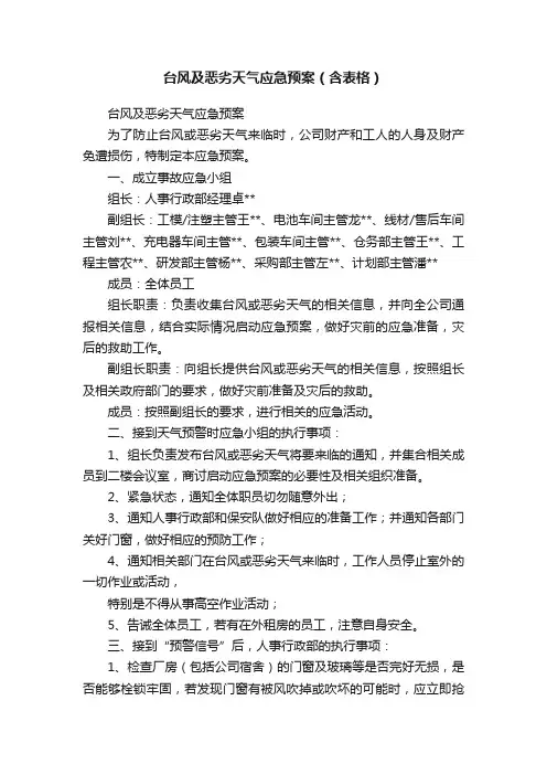 台风及恶劣天气应急预案（含表格）