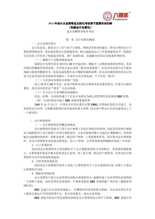 2013年会计从业考试初级会计电算化重要知识归纳