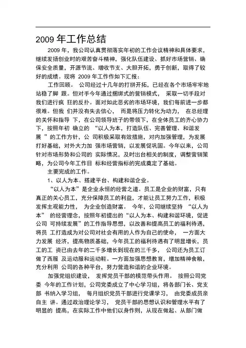 2009年公司工作总结