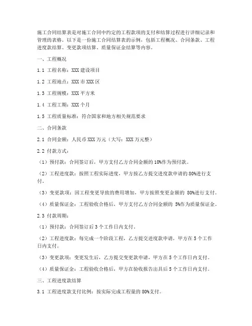 施工合同结算表