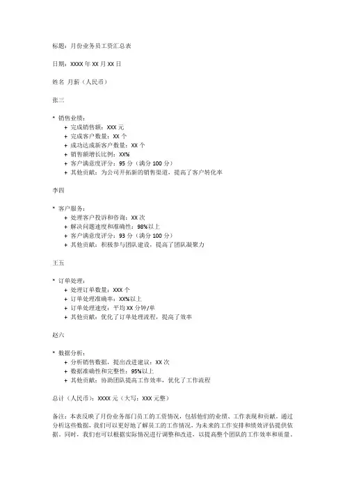 月份业务员工资汇总表