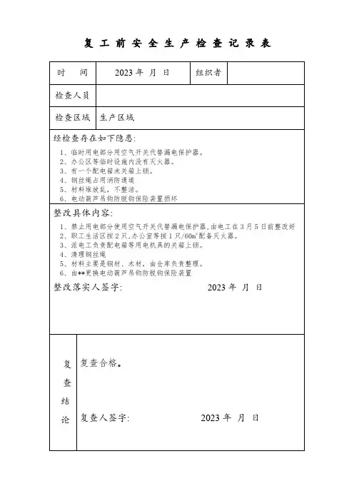 复工复产前安全生产检查记录表-样表