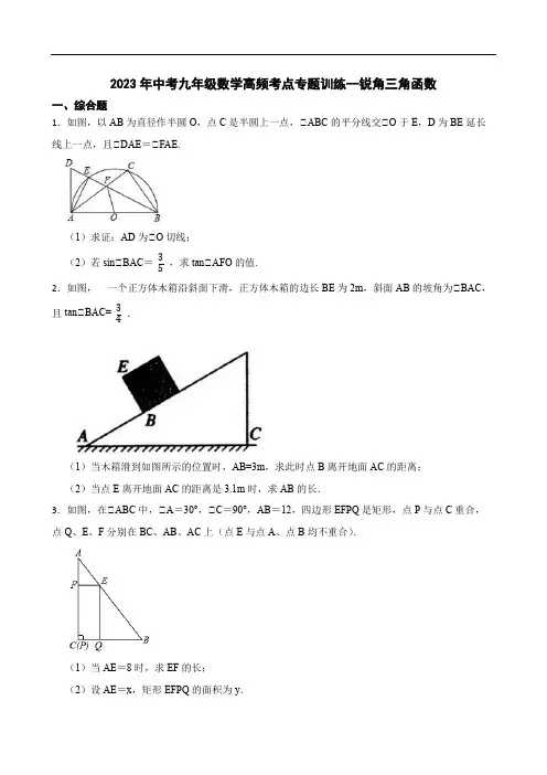 2023年中考九年级数学高频考点专题训练--锐角三角函数