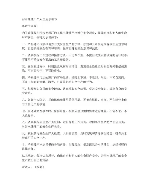 污水处理厂个人安全承诺书